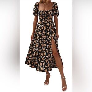 Women's Floral Square Ruched Neckline Puff Sleeve Midi  Waist Split Long Dress